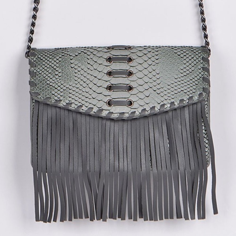Animal Print Embossed W/ Fringe / Tassel Crossbody Bag - Boho - Gray - NWT